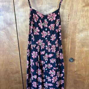 Black Floral Linen Button-Front Midi Sundress with Pink Flowers and Tie-Back